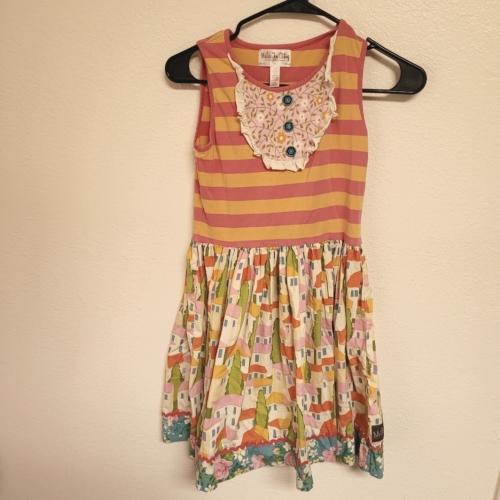 Matilda Jane Orange And Pink Striped Dress with House Print Skirt
